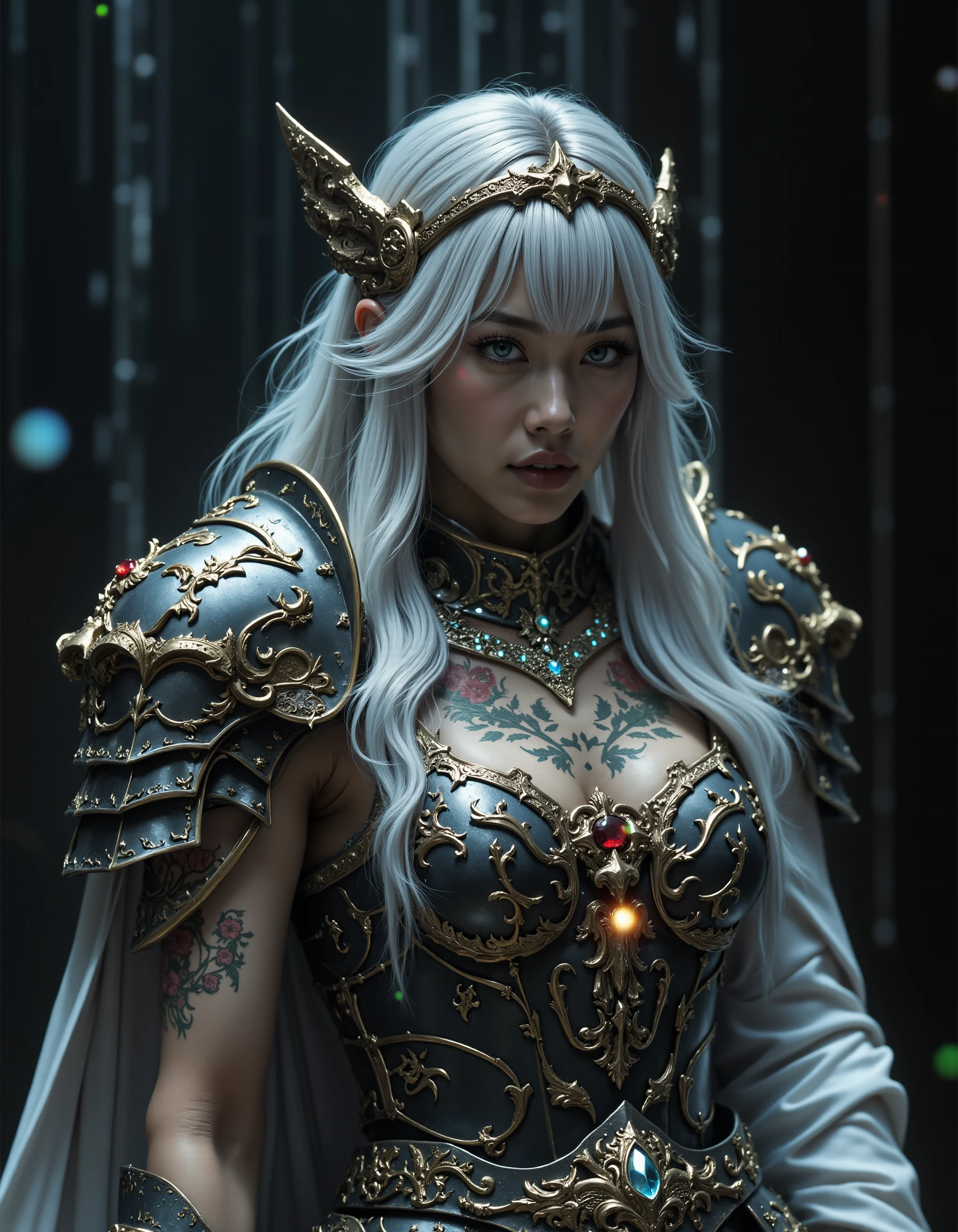 A majestic Asian girl stands solo against the mystical backdrop of a hot spring, her sliver hair cascading down her back like a river of moonlight. Her piercing blue eyes lock onto the viewer, a siren's call to behold her magnificence. A sparkling helmet and extreme detailed ornate armor adorn her physique, as if forged from celestial metals. The tattoo on her breasts glows with an ethereal light, as if infused with holy essence. A diamond girdle and gemstone choker accentuate her slender figure, while flora tattoos dance across her skin like a verdant tapestry. The spot lighting casts a divine glow, highlighting the intricate details of her armor and jewelry. The dark seamless background serves as a canvas for her radiant beauty, as if she were a goddess emerging from the very essence of the hot spring.
<lora:hinaFluxFantasyArmorMix-dev_v1-rev1:0.6>
<lora:hinaFluxAsianMixLora_v3-rev1:1>