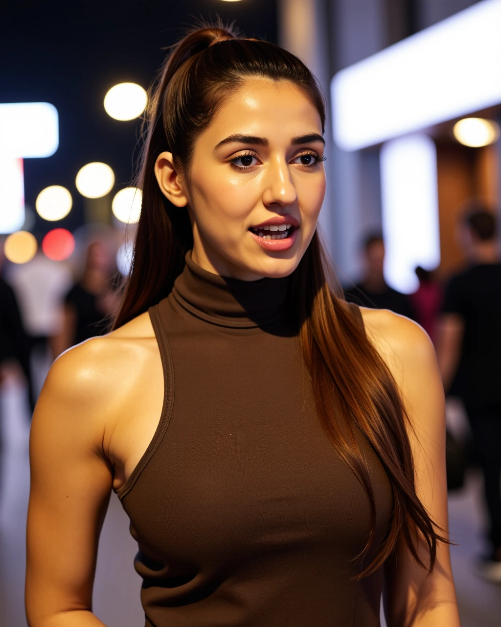 full body photo of disha patani woman,paparazi photo, shouting face,studio quality, wearing intricate high neck elegant Brown sleeveless turtleneck top, high ponytail, night time city bokeh<lora:TestBed\Disha_Patani_Flux_Kohya_V1-step00000400.safetensors:1.0:1.0>