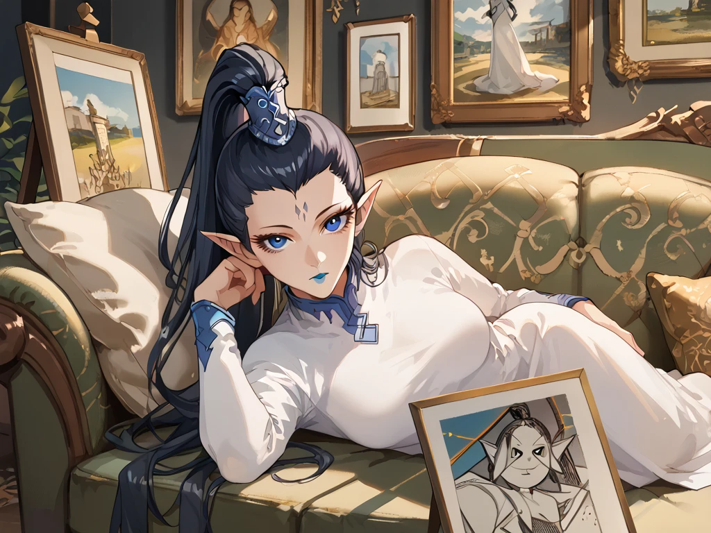 wuma,solo,black hair,1girl,Pointed Ears,high ponytail,very long hair,eye focus,Blue lipstick,Eyelashes,Eye highlight,dress,h(alf-closed eyes:0.7),star in eye,<lora:wuma:1>,<lora:draw_me_french_girl_meme:1>,drawing,couch,modeling,Women lying on the sofa,looking at viewer,picture frame,(bad painting:1.2),, score_9,score_8_up,score_7_up,score_6_up,score_5_up,