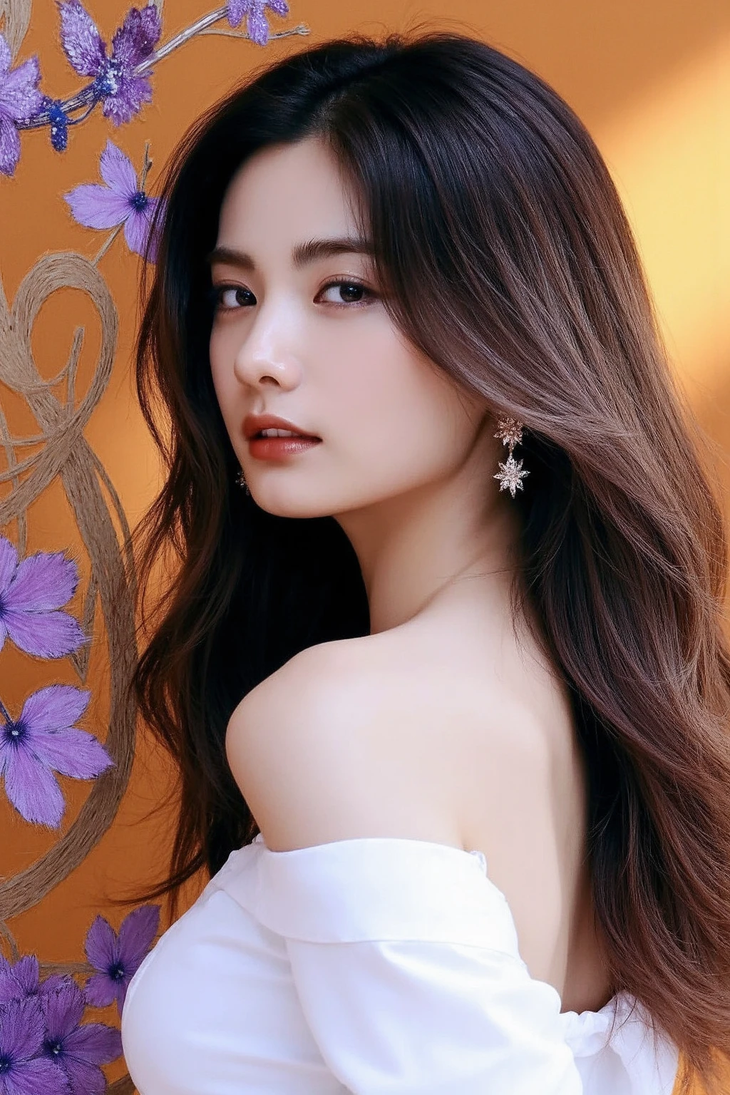 a young korean woman with a captivating and futuristic aesthetic. she has long, wavy hair with a striking combination of black and silver streaks,
The person is dressed in a white, off-the-shoulder top that reveals one shoulder, adding to their sleek and modern look.
The background is a blend of warm, glowing colorsâprimarily oranges and purplesâwith abstract, metallic, dragon-like forms intertwined with organic elements such as flowers and leaves.  The lighting casts a golden glow over the scene, further enhancing the ethereal and mystical atmosphere,<lora:flux_realism_lora:1>, <lora:makinaflux_nana_v1.0:1>