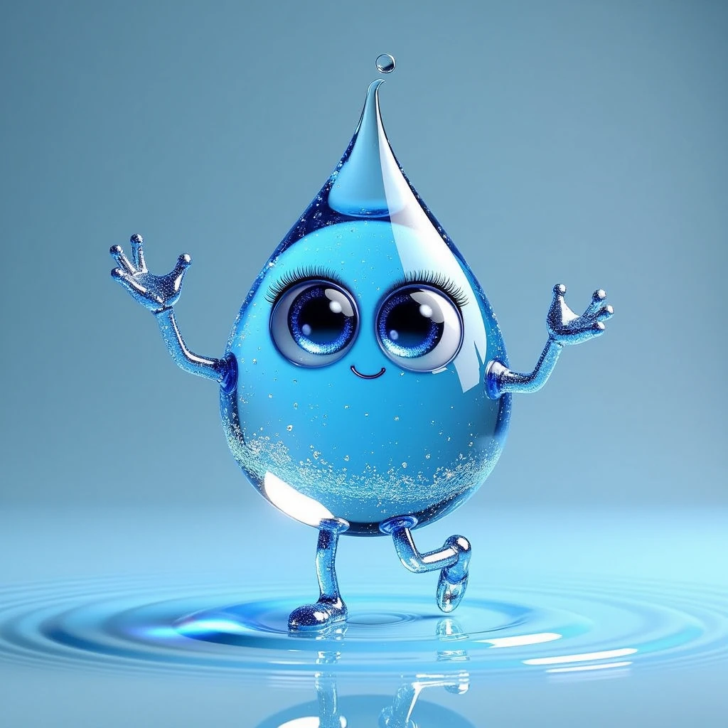 pam-swtvrld a waterdrop with two arms and legs dancing on a watersurface