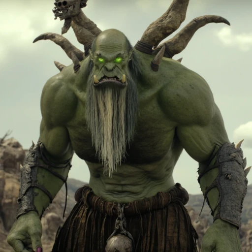 Screenshot from the warcraft Movie that features Gul'dan, orc warlock as a central figure without his robe The image is a digital rendering, likely from a fantasy video game or cinematic scene, depicting a massive, hulking orc-like creature standing in a barren, rocky landscape. The creature, with a muscular, green-skinned body, stands on two legs and has a rugged, weathered appearance. It has a thick, long beard and piercing green eyes that glow with an eerie intensity.