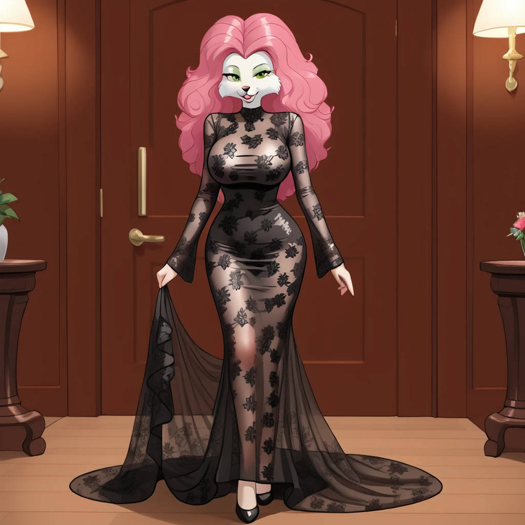 <lora:jennybuckyohare_pony_v1:.8> JennyBuckyOHare, 1girl, solo, large breasts, furry female, green eyes, big hair, pink hair, body fur,  white skin, white fur, snout, <lora:1013 Home wear 30_v1_pony:1> ruanyi1013,black dress,floral print,long dress,long sleeves,see-through dress,skin tight,lace