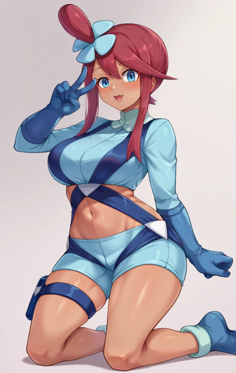 score_9,score_8_up,score_7_up BREAK <lora:Skyla10:1>,SkylaMArlo,1girl,blue eyes,hair ornament,gloves,jacket,:d,sidelocks,red hair,shorts,midriff,dark-skinned female,crop top,short shorts,blue shorts,blue gloves,holster,thigh pouch,skyla (pokemon),cowboy shot,kneeling, v