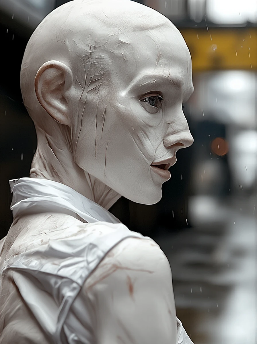 best quality, highly detailed, photorealistic, half side view close-up portrait of a pale skin woman cyborg with a transluscent soaked white shirt half ripped in the rain, JAHOUTON<lora:houton:1.93> , urban context, natural lighting, sharp, 32K HD,