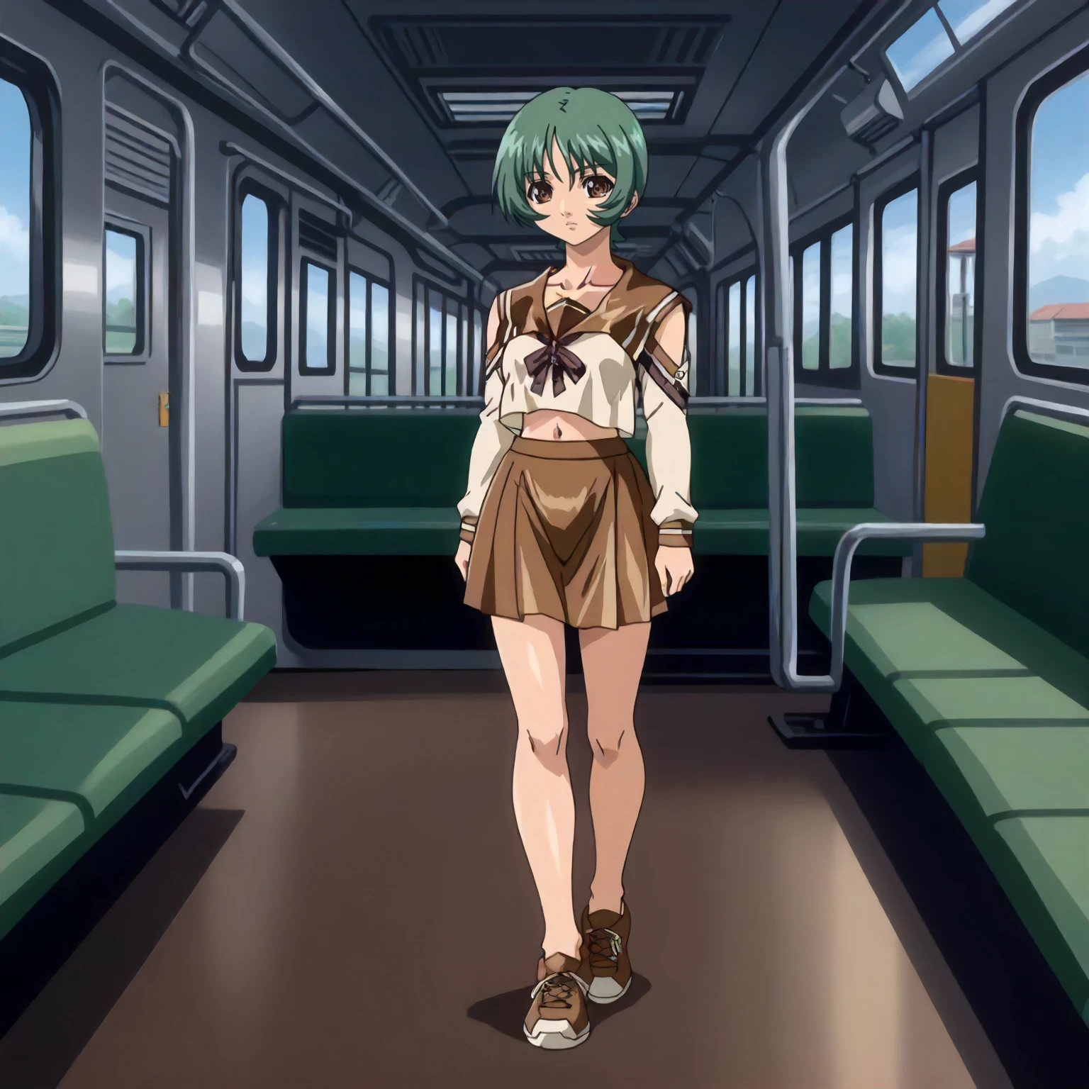 <lora:GSE_AkiXLpony002>,
inside the train,
solo,
Aki,1girl,green hair,short hair,brown eyes,
school_uniform,brown sailor collar,shoulder cutout,white shirt,long_sleeves,
navel,brown skirt,miniskirt,
sneakers,
full body,standing,