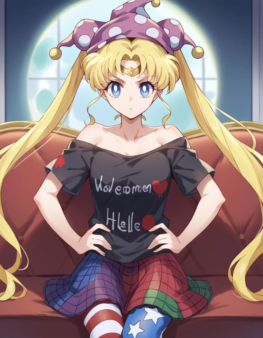 score_9, score_8_up, score_7_up, source_anime, <lora:usagi-tsukino-eternal-movie1-ponyxl-lora-nochekaiser:1>, usagi tsukino, blonde hair, blue eyes, double bun, hair bun, hair ornament, long hair, twintails, circlet, parted bangs,, <lora:hecatia-lapislazuli-cosplay-ponyxl-lora-nochekaiser:1>, hecatia lapislazuli cosplay, hecatia lapislazuli (cosplay), off-shoulder shirt, multicolored skirt, clothes writing, cosplay, t-shirt, clownpiece (cosplay), eart (ornament), moon (ornament), jester cap, off shoulder, polka dot headwear, multicolored clothes, black shirt, american flag legwear, underworld (ornament), indoors, sitting, hands on own hips, cowboy shot, looking at viewer