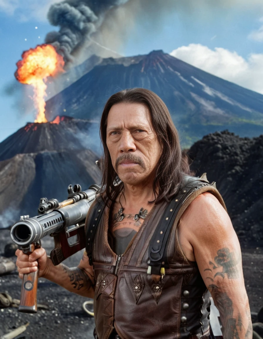 Photorealism <lora:MacheteSDXL-000008:1>, photo of MacheteSDXL holding a bazooka on his shoulder, an active volcano in the background, Photorealism, often for highly detailed representation, photographic accuracy, or visual illusion.