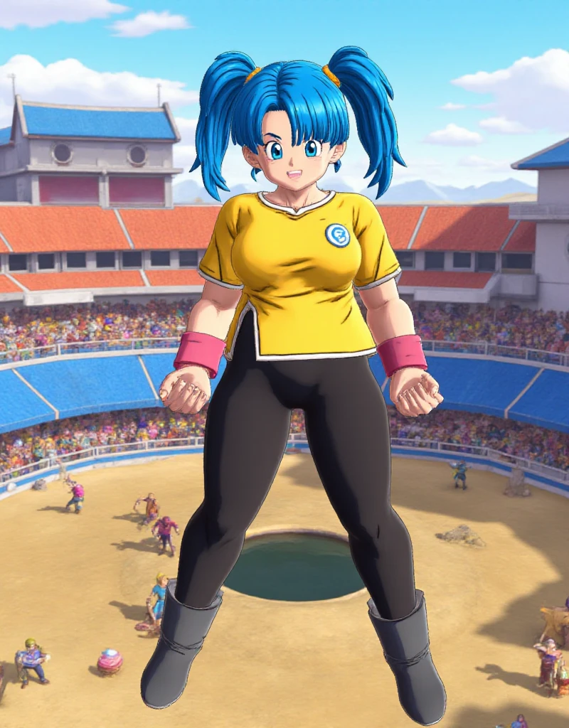 dblegendsstyle, a blue hair girl with twintails and blue eyes. she has thick thighs and wide hips. she wear a yellow shirt and black pantyhose. standing mid air in a battle arena. <lora:DbLegendsGameStyle_Flux_Leaf1:1.2>