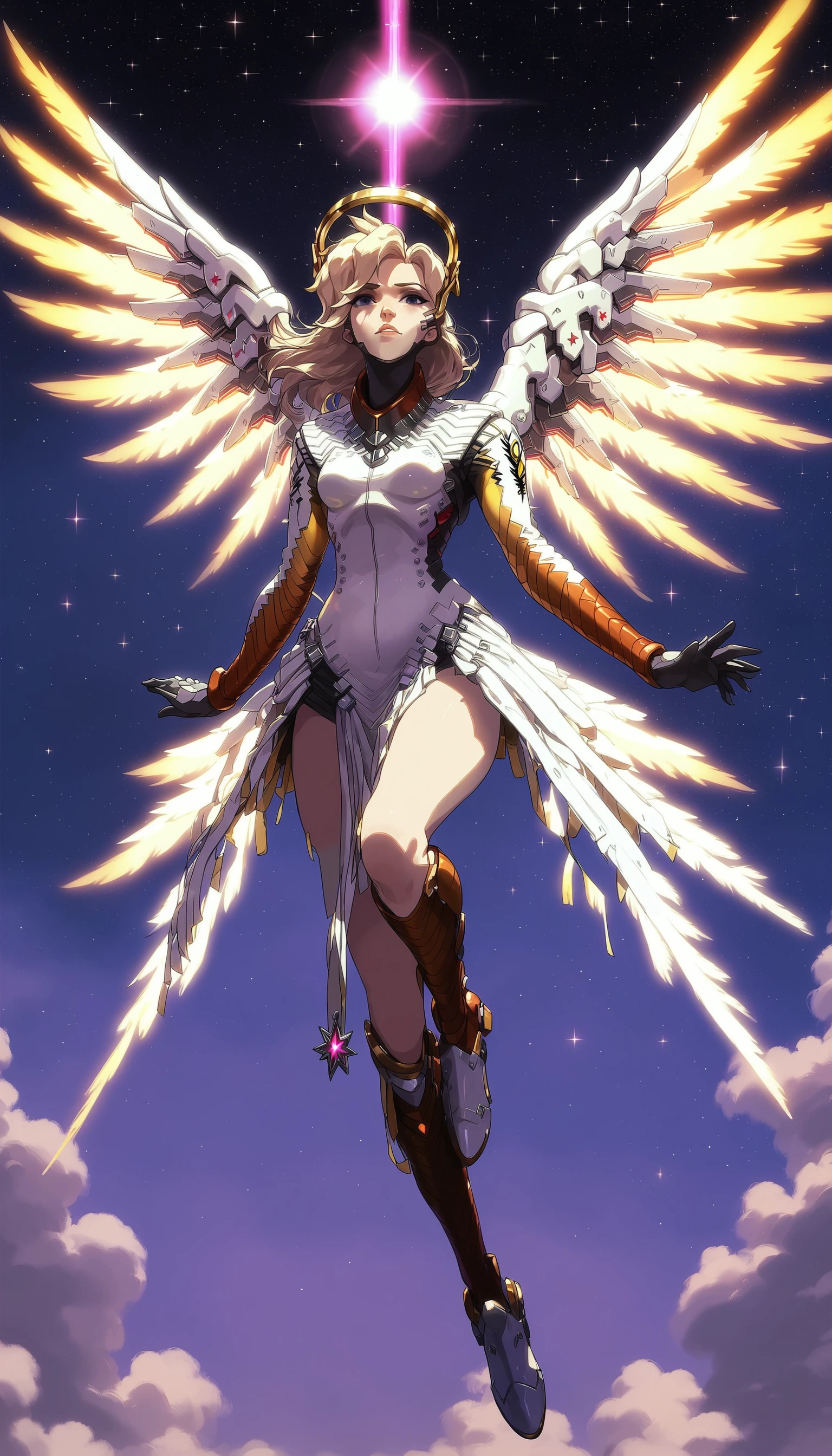 score_9, score_8_up, score_7_up, score_6_up, score_5_up, score_4_up,
solo, 
(mercy), (overwatch), long hair, (distant), angelic wings, god rays, partially illuminated, stars, (flying), (midair), (hovering), spread wings, purple sky, twilight, god rays, glowing,