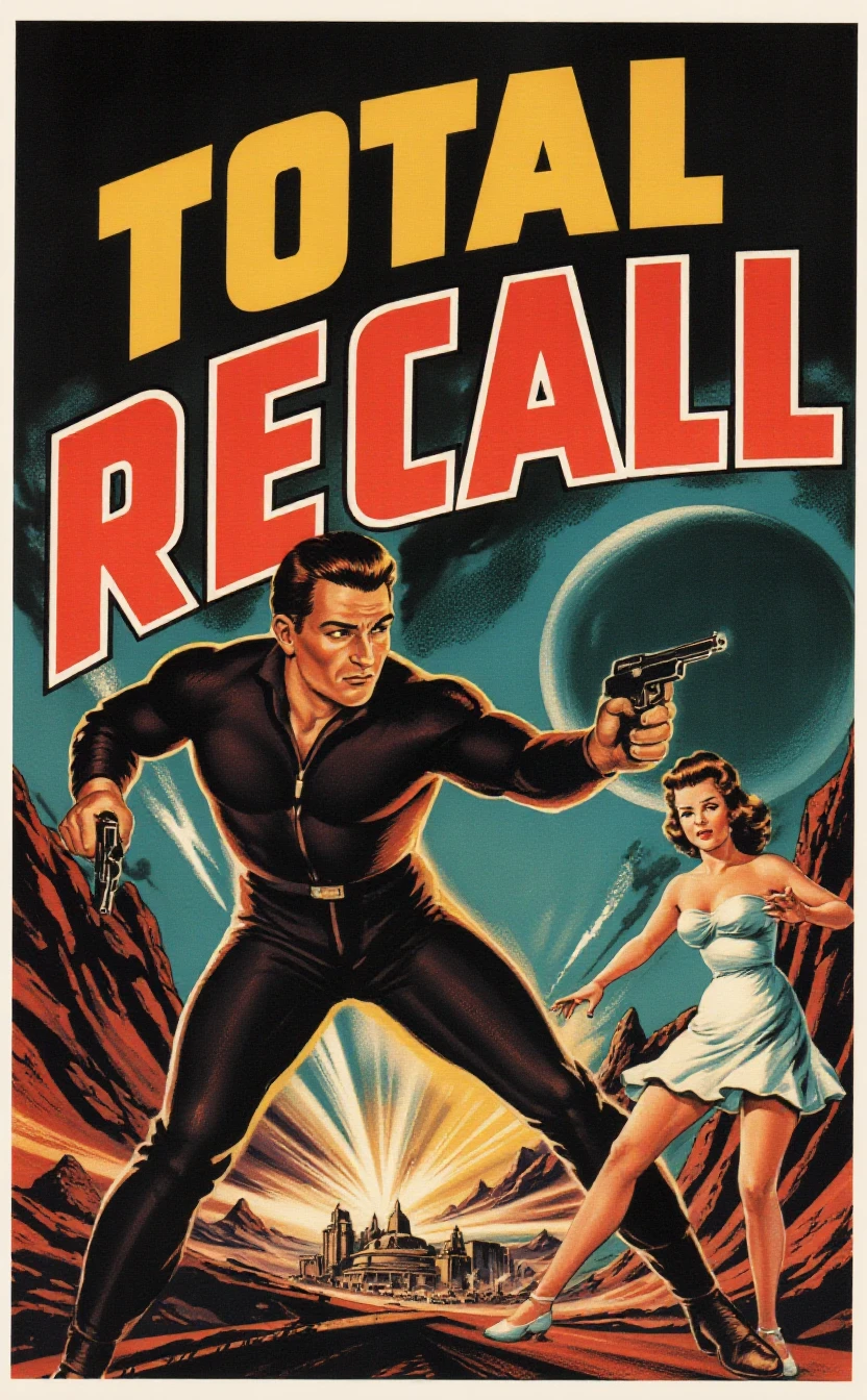 A 1950s vintage movie poster for "Total Recall," featuring a retro-futuristic space setting. In the foreground, a muscular man with slicked-back hair, wearing a tight, futuristic spacesuit, dramatically holds a blaster in one hand while reaching out toward a glowing, brain-like device in the other. Behind him, a mysterious femme fatale with voluminous curls, in a classic 50s pin-up style dress, stands alluringly with a look of intrigue. The backdrop shows a dystopian Martian cityscape under a dark sky with a giant planet looming overhead. Bold, hand-drawn typography for the title "TOTAL RECALL" arches across the top, with vibrant, high-contrast colors like red, yellow, and teal. The lighting is dramatic, with exaggerated shadows and glowing neon highlights, evoking the style of vintage sci-fi B-movie posters.
