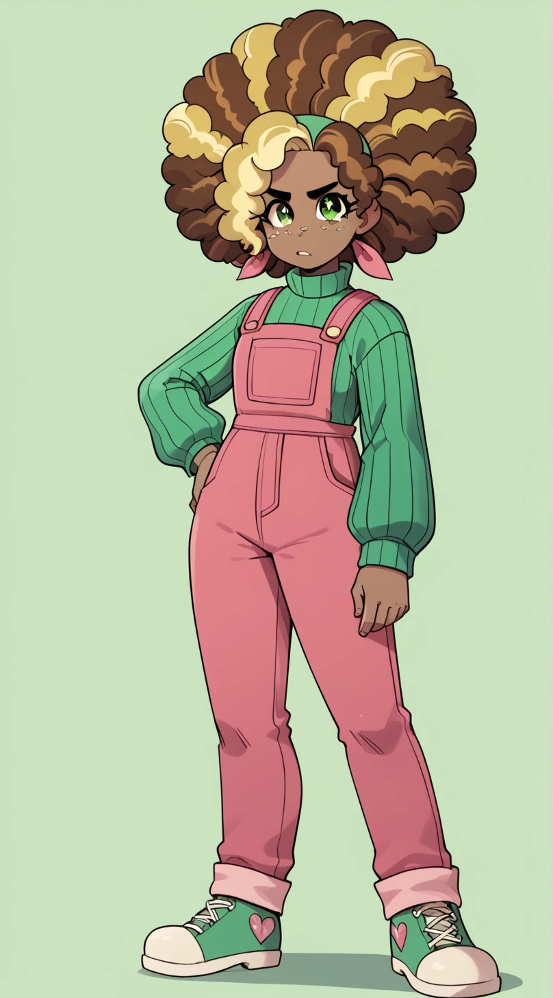 ((score_9)), score_8_up, score_7_up, high quality, masterpiece  Lorelai, green eyes, dark-skinned female, freckles, curly hair, brown hair, green eyes, 1girl, multicolored hair, two-tone hair, big hair, afro, Casual Lorelai, turtleneck sweater, overalls, ribbed sweater, full body<lora:Lorelai_Blyndeff:1>