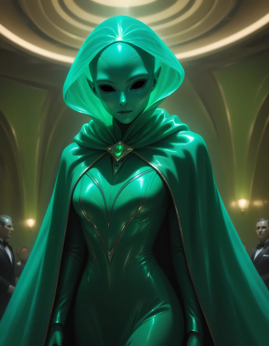 masterpiece, best quality, cinematic lighting, hollow eyes, Emerald green skin, while dressed in shimmering, futuristic formal attire, the alien diplomat commands the room with elegance, their holographic cape swirling behind them.<lora:Hollow_Eyes_Portrait_SDXL:0.8>