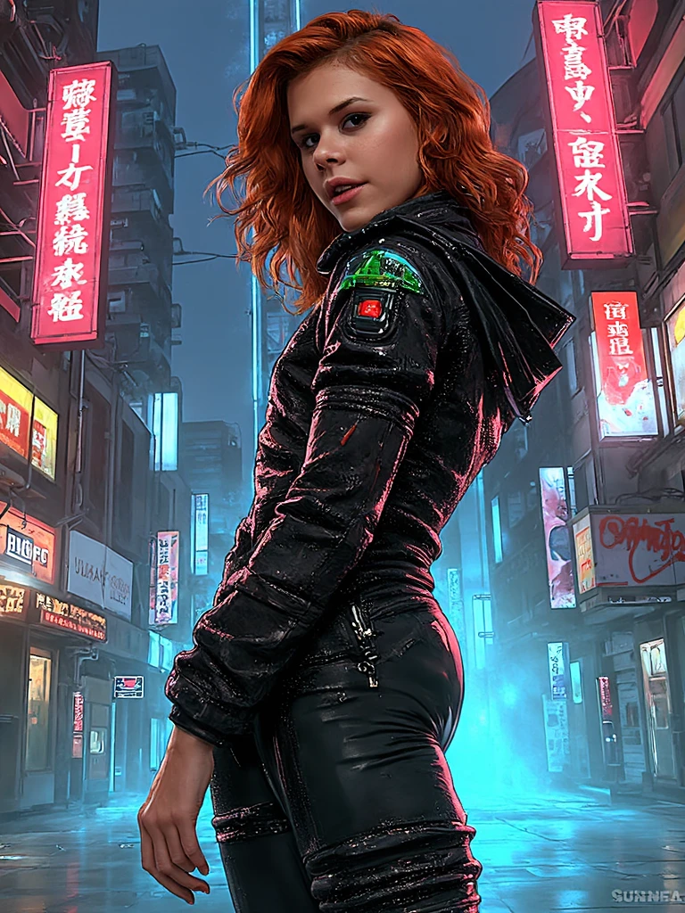 <lora:Bodysuit v13:0.8> 1girl,(red bodysuit:1.3),jacket,blonde hair,background, cyberpunk, neon color, science fiction