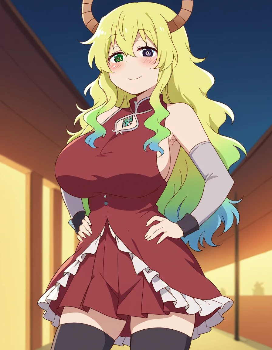 score_9, score_8_up, score_7_up, source_anime, <lora:dragon-lucoa-s2-ponyxl-lora-nochekaiser:1>, lucoa, blonde hair, blue hair, dragon girl, gradient hair, green hair, hair between eyes, horns, huge breasts, multicolored hair, green eyes, purple eyes, yellow pupils, heterochromia,, <lora:sakura-kyoko-cosplay-ponyxl-lora-nochekaiser:1>, sakura kyoko cosplay, sakura kyoko (cosplay), black thighhighs, cosplay, detached sleeves, dress, frilled dress, frills, long sleeves, magical girl, miniskirt, pleated skirt, red dress, red skirt, sideboob, skirt, skirt under dress, sleeveless, sleeveless dress, thighhighs, zettai ryouiki,, streets, outdoors, smile, blush, hands on own hips,, cowboy shot, looking at viewer,