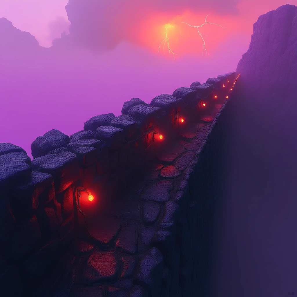 cpolldreamyfortress, cpolldfotfwl, on the fortress wall, otherworld, above the fortress wall, fortress wall, outdoor, orange sky, orange lightnings in sky, vivid purple mist, purple lightnings in vivid purple mist