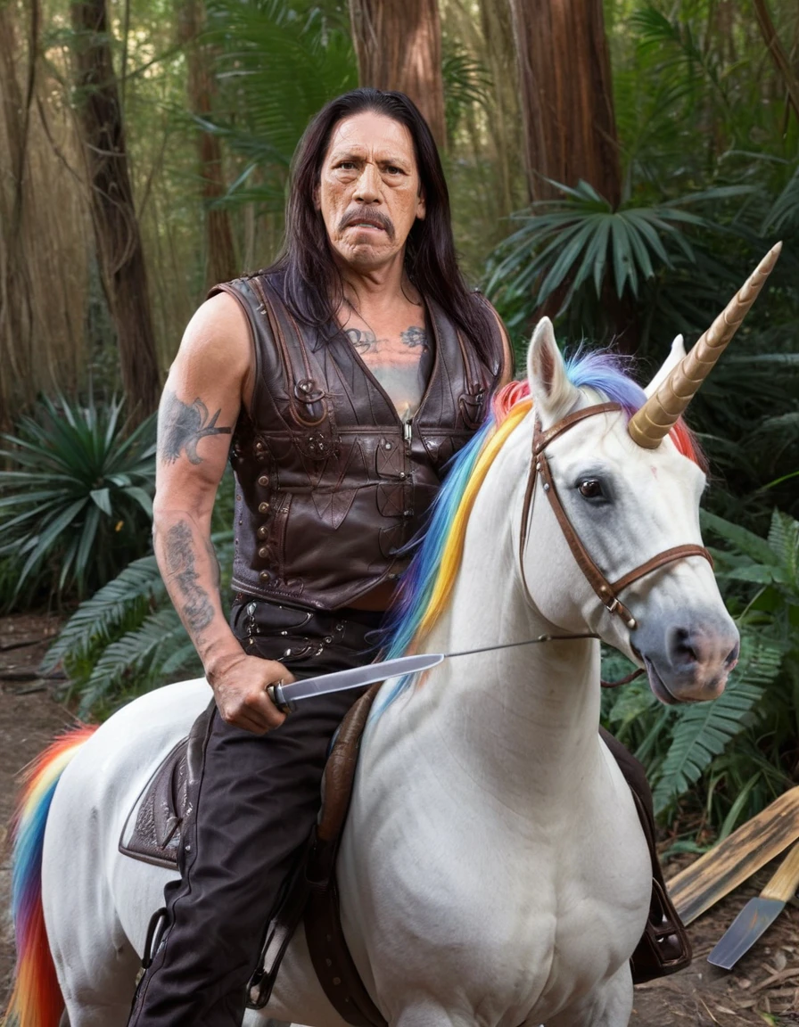 Photorealism <lora:MacheteSDXL-000008:1>, photo of MacheteSDXL wearing leather vest and pants, knives on vest, (riding:1.3) a colorful (unicorn:1.3), unicorn horn, rainbow colored unicorn tail, in a magical forest, Photorealism, often for highly detailed representation, photographic accuracy, or visual illusion.