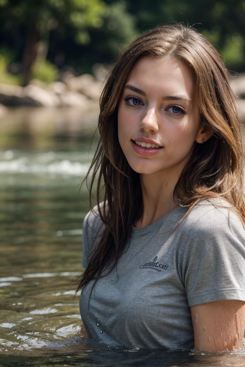 headshot of S566_BlakeEden,an attractive woman,in a (river:1.1),wearing a (gray t-shirt),(smiling),(wet hair),(4k, RAW photo, best quality, 50mm, depth of field, ultra high res:1.1),(intricate, photorealistic, cinematic-shot, masterpiece, ultra-detailed:1.1),