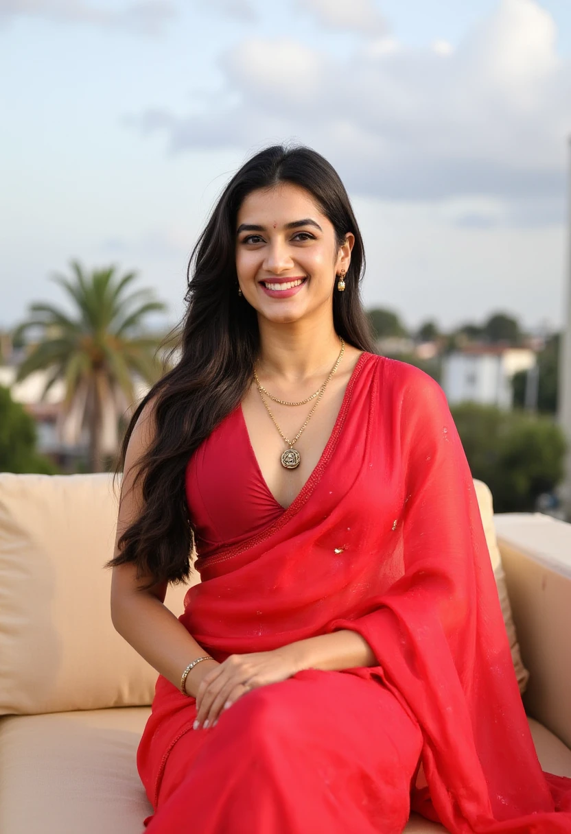 long shot scenic professional photograph of borse sitting on bed , wearing red saree laughing,  <lora:bhagyashri-borse-000008:1> , perfect viewpoint, highly detailed, wide-angle lens, hyper realistic, with dramatic sky, polarizing filter, natural lighting, vivid colors, everything in sharp focus, HDR, UHD, 64K