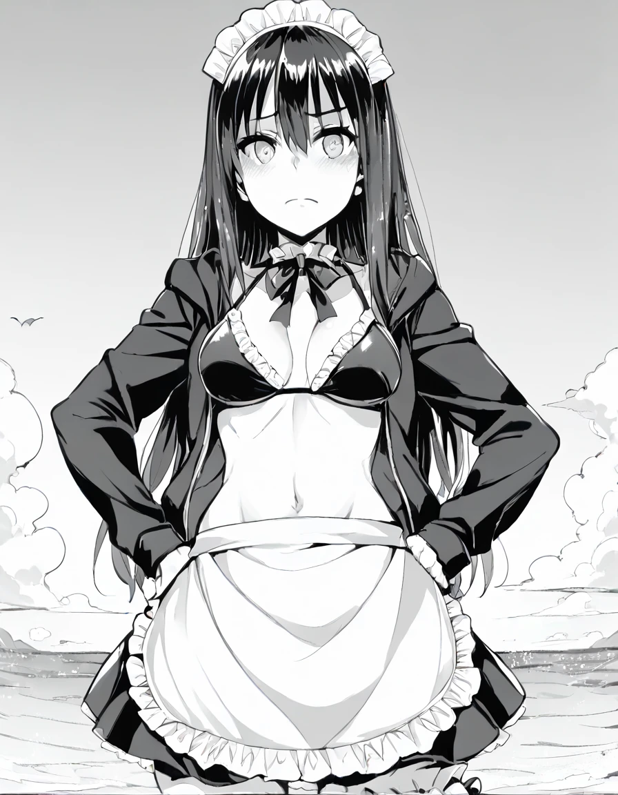 score_9, score_8_up, score_7_up, source_anime, <lora:saki-yoshida-manga-ponyxl-lora-nochekaiser:1>, saki yoshida, long hair, hair between eyes, monochrome, greyscale, black hair, medium breasts, <lora:artoria-pendragon-alter-swimsuit-cosplay-ponyxl-lora-nochekaiser:1>, artoria pendragon alter swimsuit cosplay, artoria pendragon (alter swimsuit rider) (fate) (cosplay), maid bikini, unconventional maid, bridal garter, cosplay, waist apron, frilled choker, frilled bikini, maid headdress, maid, black bikini, open hoodie, apron, bikini top only, beach, blush, hands on own hips, from below,, cowboy shot, looking at viewer