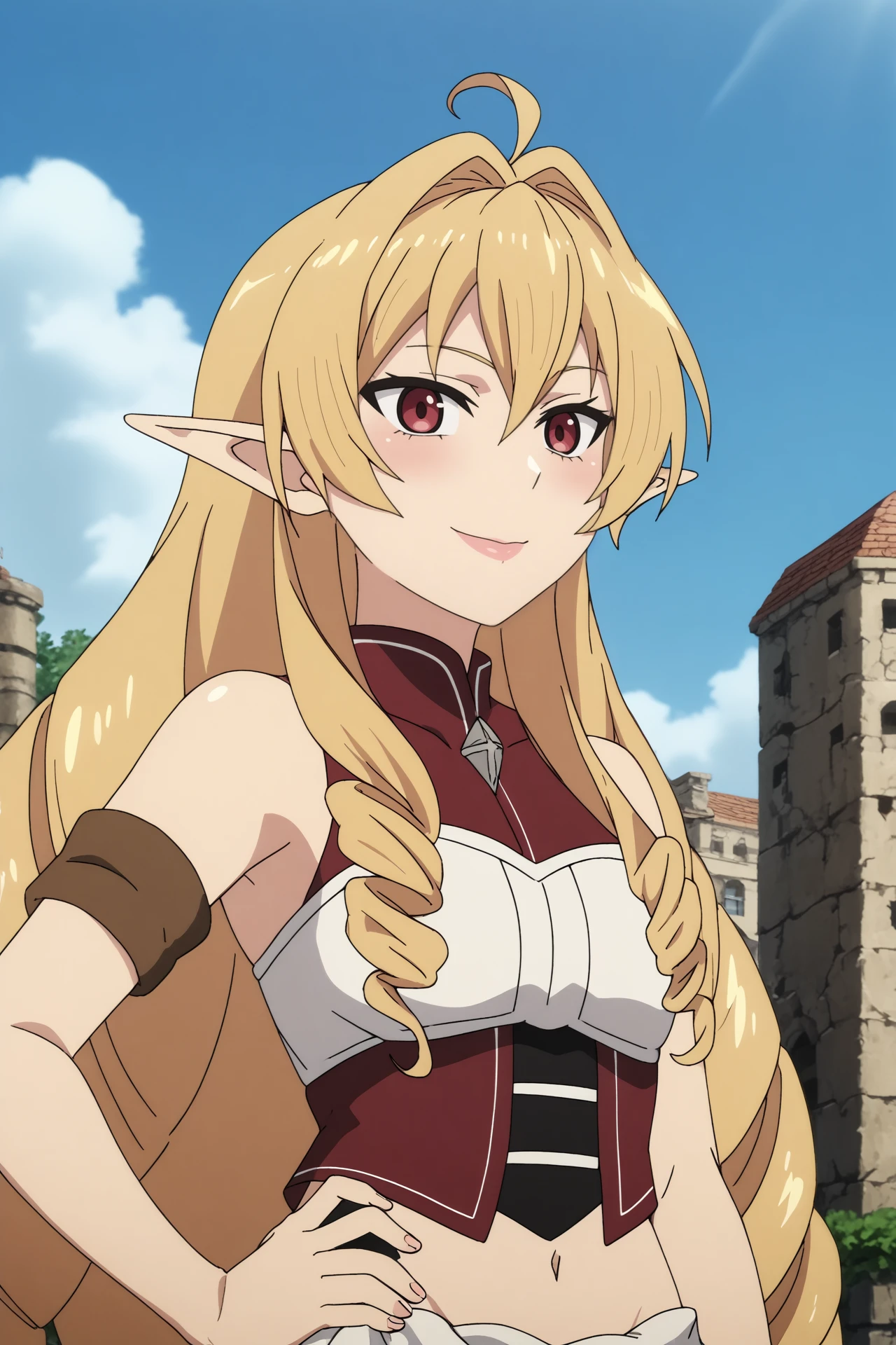 
elinalise dragonroad,1girl,solo,looking_at_viewer,long hair,pointy ears,ahoge,drill hair,navel,elf,bare shoulders,hair between eyes,smile
BREAK
outdoors,blue sky,sunshine,sun,old city,ruins




<lora:Elinalise_Dragonroad_-_Mushoku_Tensei.safetensors:0.8>