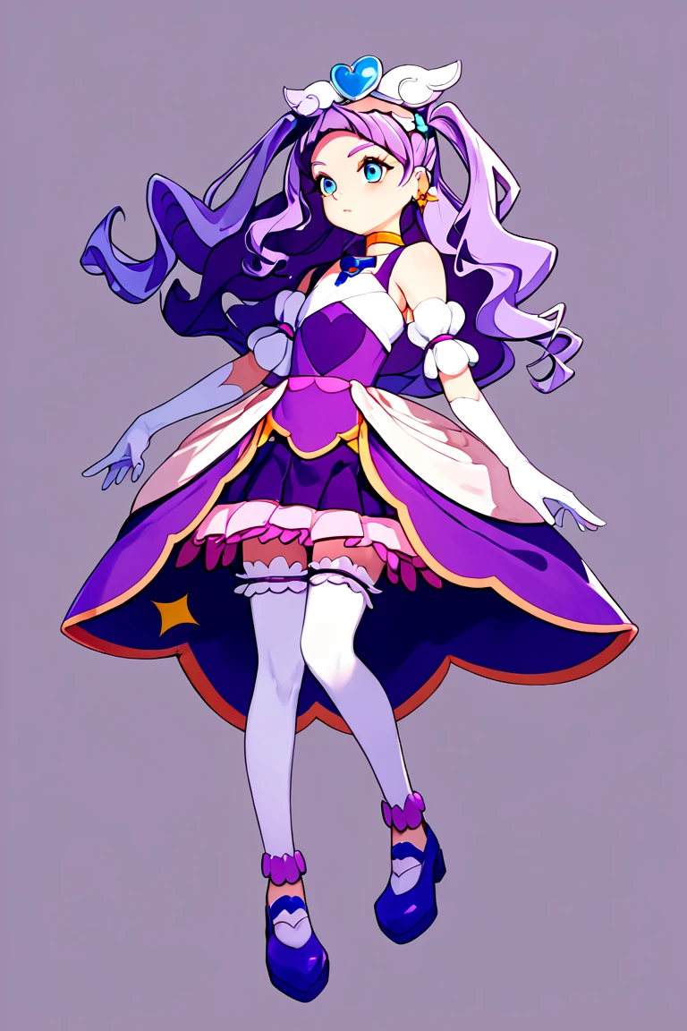 score_9, score_8_up, score_7_up, flat chested, curemajesty, 1girl, solo, purple hair, purple dress, gloves, long hair, dress, thighhighs, magical girl, white gloves, blue eyes, elbow gloves, jewelry, earrings, full body, white thighhighs, purple footwear, choker