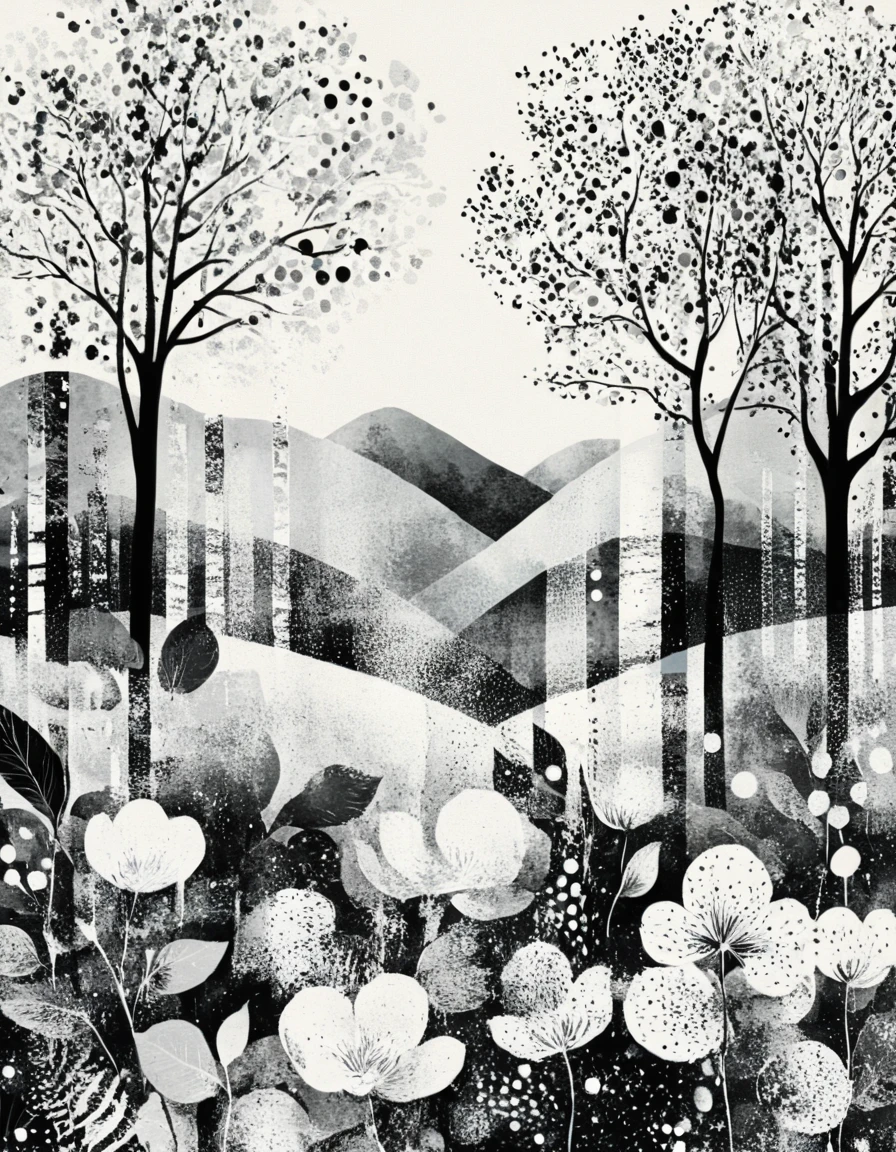 novuschroma style landscape in summer illustration with patterns <lora:108_novuschroma_1:1>