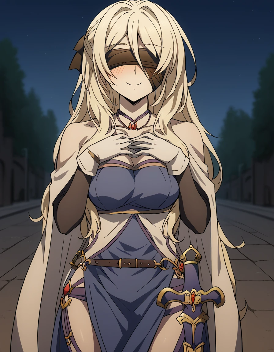 score_9, score_8_up, score_7_up, source_anime, <lora:sword-maiden-s2-ponyxl-lora-nochekaiser:1>, sword maiden, long hair, bangs, blonde hair, blindfold, covered eyes, black blindfold, large breasts, <lora:miki-sayaka-cosplay-ponyxl-lora-nochekaiser:1>, miki sayaka cosplay, miki sayaka (cosplay), belt, black sleeves, blue skirt, cape, cosplay, dress, gloves, gem, skirt, sleeveless, sleeveless dress, white cape, white gloves,, streets, outdoors, smile, blush, hands on own chest, cowboy shot, looking at viewer,