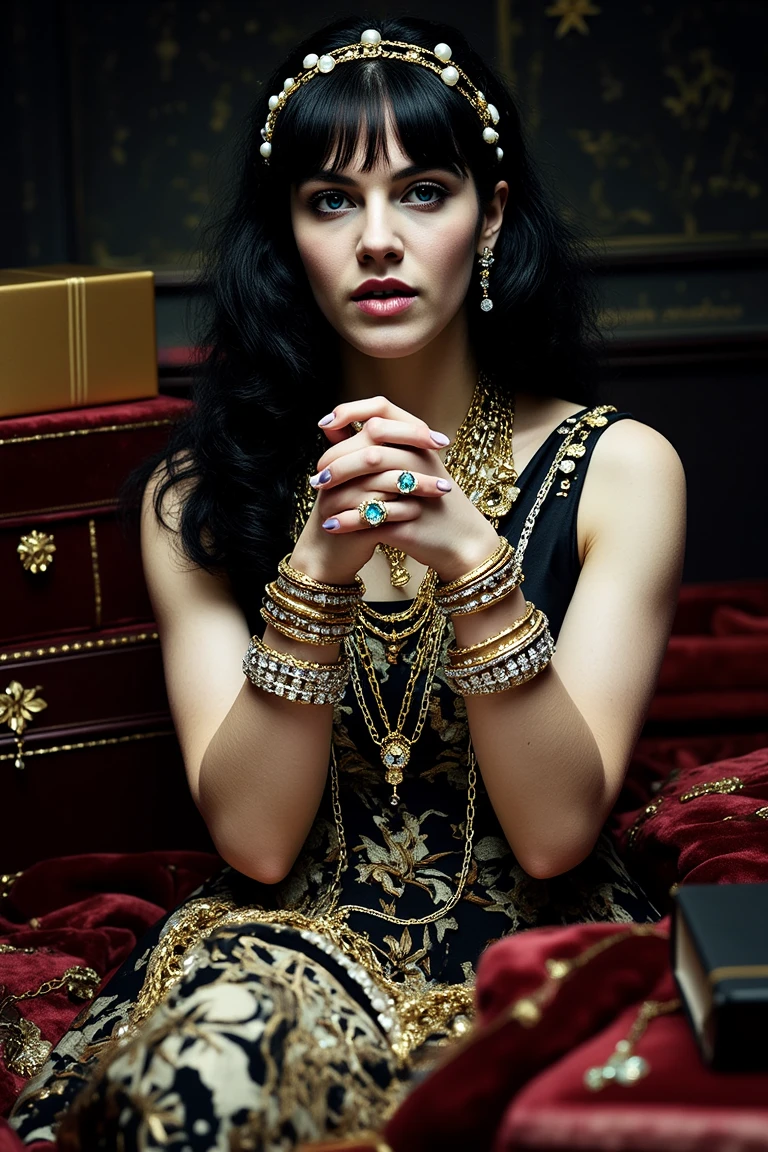 half-body portrait of a woman, in a surreal, eccentric style.

long, slightly disheveled black hair, framing her face, with pale makeup and dark, dramatic eyes, lips slightly parted, as if gasping for air, giving a sense of struggle and intensity.

draped in an overwhelming amount of jewelry—multiple heavy gold necklaces, diamond-encrusted bracelets stacked up both arms, oversized gemstone rings on every finger, and layers of pearl and jeweled headpieces, weighing her down but clinging to every piece with a desperate grip.

her expression tense yet oddly serene, eyes wide with a mix of longing and strain, sitting in a dimly lit room, surrounded by discarded luxurious boxes and velvet cushions, as though drowning in her own opulence.

dark, moody tones, harsh lighting, creating deep shadows, surreal and bizarre atmosphere, visually heavy, blending luxury with an unsettling, almost suffocating sense of obsession and greed, avant-garde fashion editorial quality.