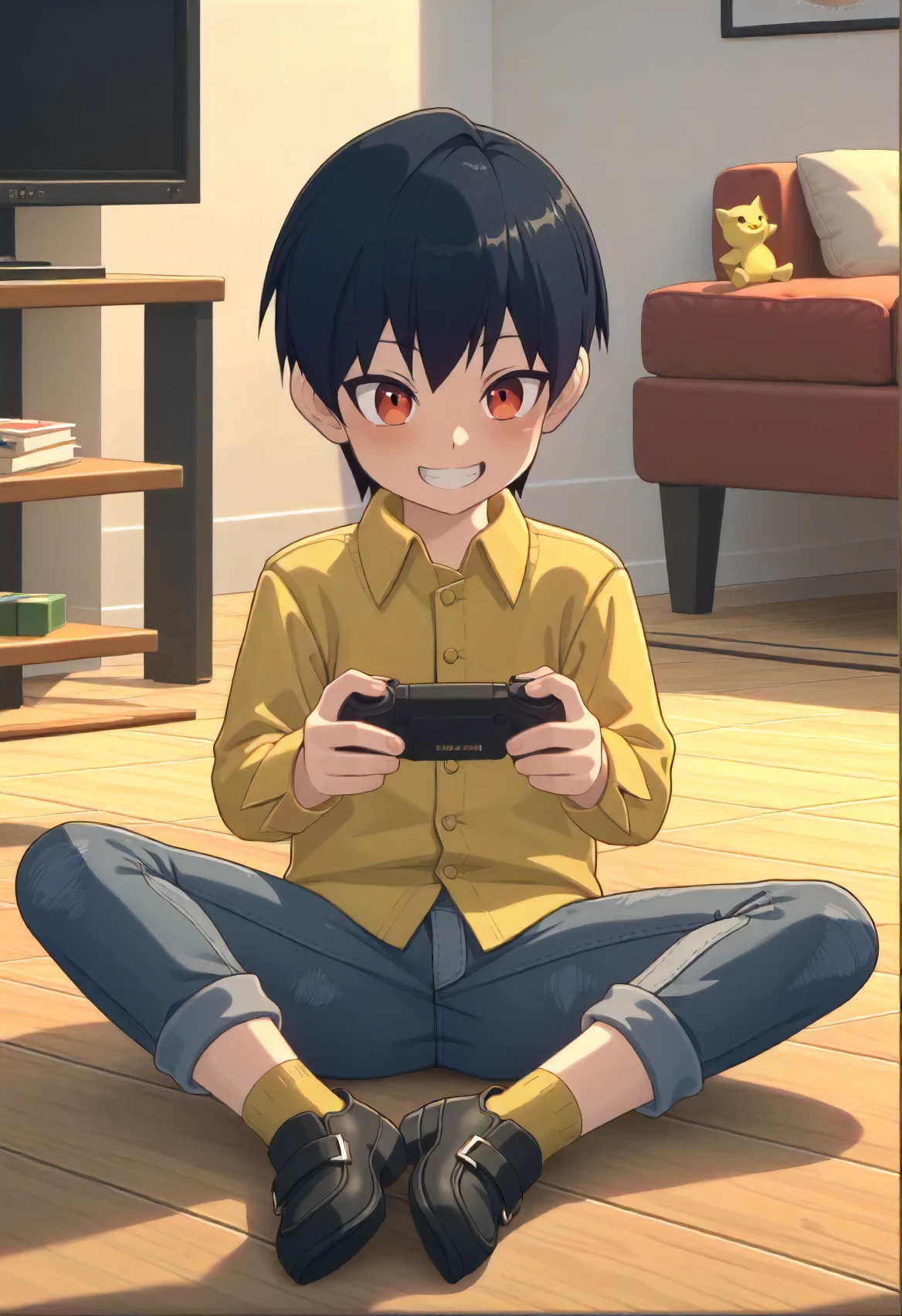 score_9, score_8_up, score_7_up, score_6_up, score_5_up, score_4_up, BREAK source_anime, masterpiece,
1boy, solo, *****, male *****, medium hair, black hair, red eyes, 
yellow collared shirt, ragged jeans, cuffed jeans, yellow socks, black boots, 
sitting, happy, grin, playing videogames,
indoors, bedroom,
 <lora:Shawn_from_ZZZ_Zenless_Zone_Zero_Pony:1>