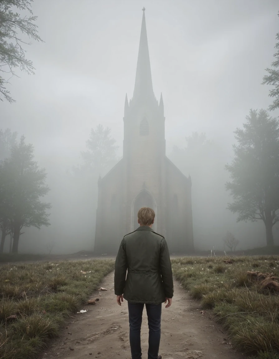 DSCF0001-9999.JPG, Sil_Hill_RE_STYLE, The image is a dark, eerie CGI rendering depicting a misty, foreboding scene. The central figure is a man standing at the end of a dirt path, facing a tall, pointed church spire shrouded in mist. The man is dressed in a dark green jacket, dark pants, and black shoes, standing on a rough, uneven ground. His posture is straight, with his hands hanging by his sides, giving an impression of contemplation or alertness.