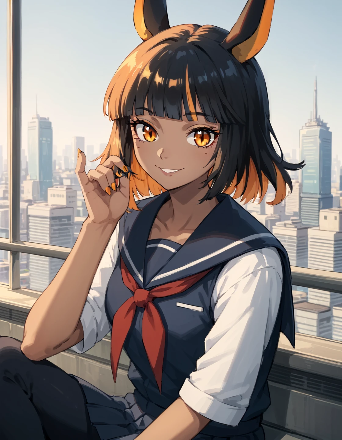 score 9,score 8 up,score 7 up,rating questionable,
1girl,solo,dark skin,jackal ears,blunt bangs,black hair,orange hair,medium hair,nail polish,sitting,smile,looking at viewer,school uniform,
sitting on banister,tokyo suburb,skyline,cityscape,
<lora:Imhotep_epoch_10:0.8>,