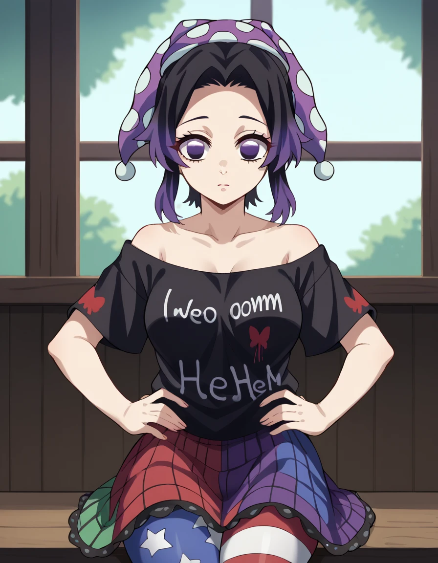 score_9, score_8_up, score_7_up, source_anime, <lora:shinobu-kochou-anime-ponyxl-lora-nochekaiser:1>, shinobu kochou, animal print, black hair, butterfly, butterfly hair ornament, butterfly print, forehead, gradient hair, hair ornament, haori, multicolored hair, parted bangs, purple hair, short hair, two-tone hair, medium breasts, <lora:hecatia-lapislazuli-cosplay-ponyxl-lora-nochekaiser:1>, hecatia lapislazuli cosplay, hecatia lapislazuli (cosplay), off-shoulder shirt, multicolored skirt, clothes writing, cosplay, t-shirt, clownpiece (cosplay), eart (ornament), moon (ornament), jester cap, off shoulder, polka dot headwear, multicolored clothes, black shirt, american flag legwear, underworld (ornament), indoors, sitting, hands on own hips, cowboy shot, looking at viewer