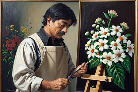 painter painting flowers on a canvas on an easel