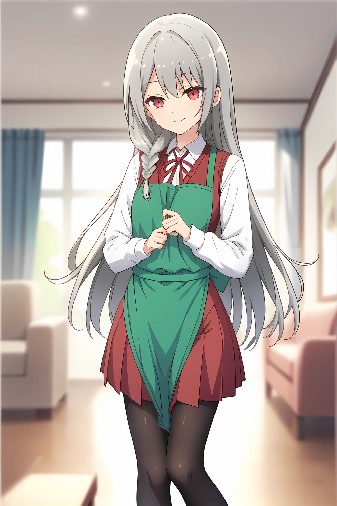 (green apron school uniform red vest white short long sleeves red skirt black pantyhose:1.40), ig-maidena, grey hair, red eyes, 1girl, solo, skinny, score_9, score_8_up, score_8, score_7_up, score_7, score_6_up, score_6, score_5_up, score_5, source_anime, (lewd:1.10), living room, (0.2:close-up depth of field:1.20), (:1.20), , <lora:ig-maidena-V01-000003:0.70> small breasts, long hair, single braid