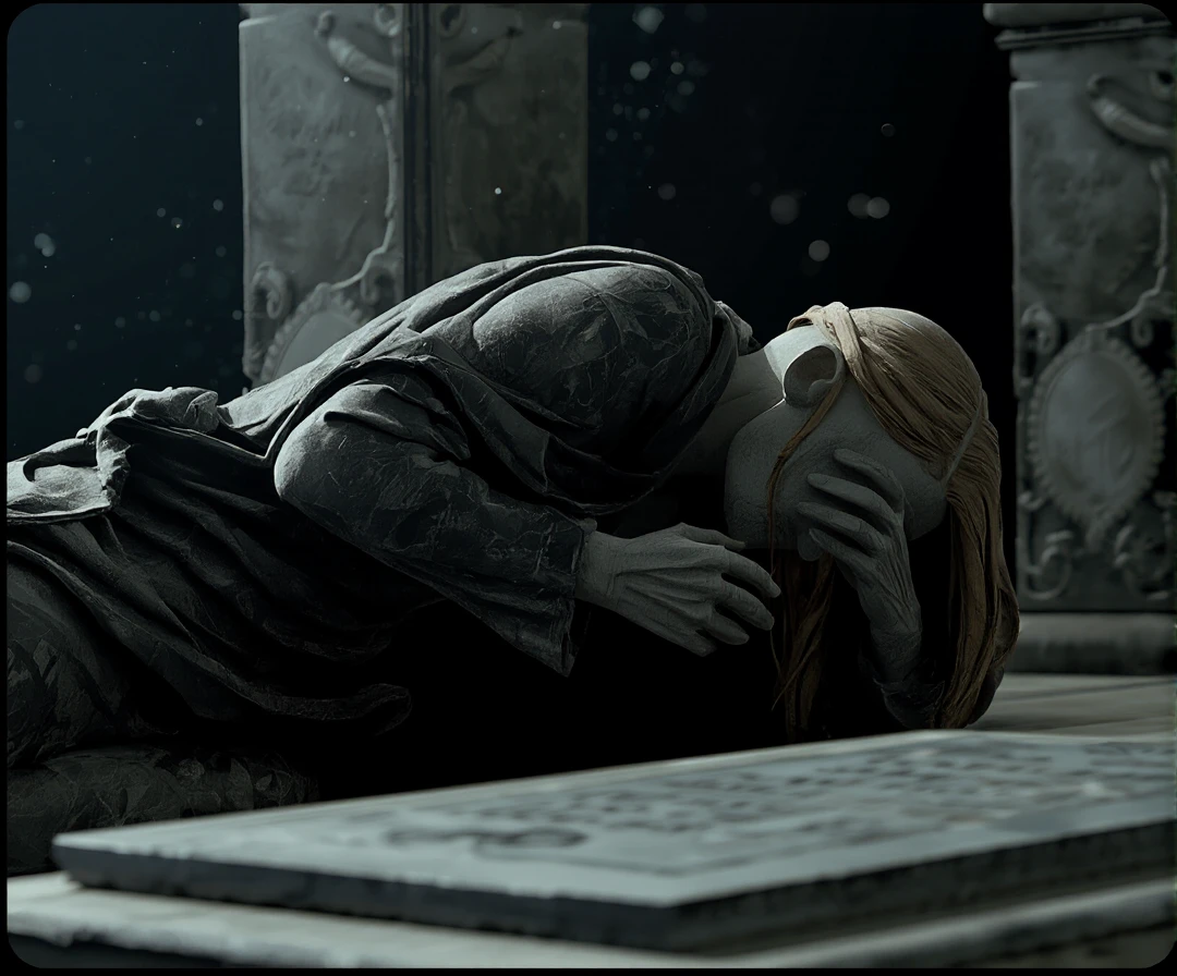 best quality, highty detailed, cinematic photorealistic, dark mood by night, a stone woman JAHOUTON<lora:houton:1.68>  weeps over the grave of her loved one, intricate details, accentued lighting contrast, cinematic lighting, 32KHD, no genital parts