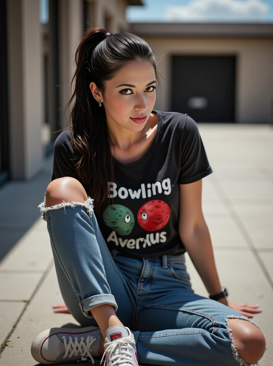 full body photo of a dressed woman , with sleek ponytail hair, her pale skin has a high detailed texture and shows details like moles, small hairs and pores, her expression is seductive, she is wearing a casual date night at the bowling alley outfit with jeans, a playful graphic tee, and a pair of retro-inspired sneakers. Set outside, with a natural lighting, highlights. <lora:alexclora-000012:1.1>