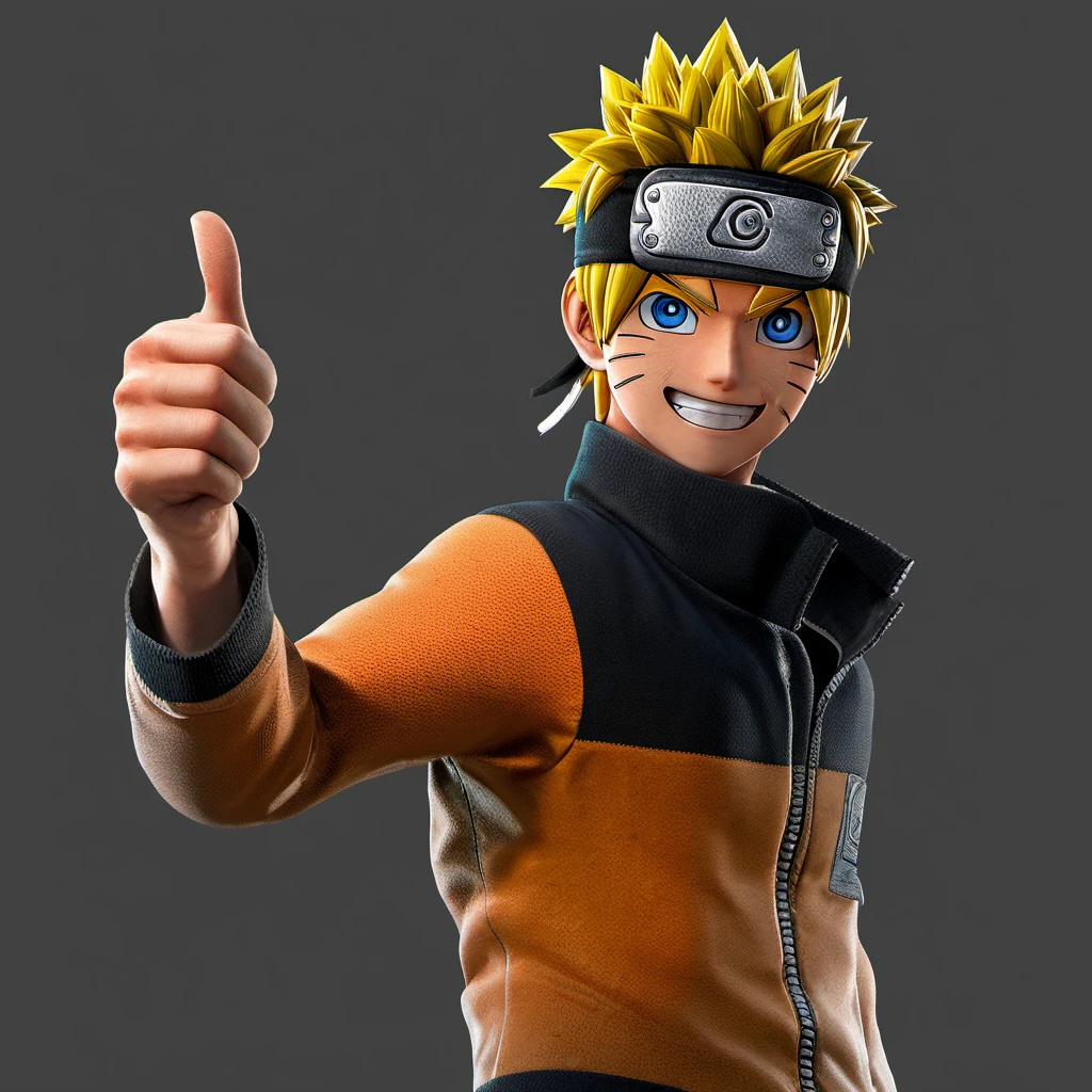 jump force, 3d \(artwork\),uzumaki naruto, grey background, blonde hair, 1boy, upper body, smile, grin, blue eyes, highly detailed, realistic cloth, solo, bodysuit, spiked hair, headband, ((thumbs up))