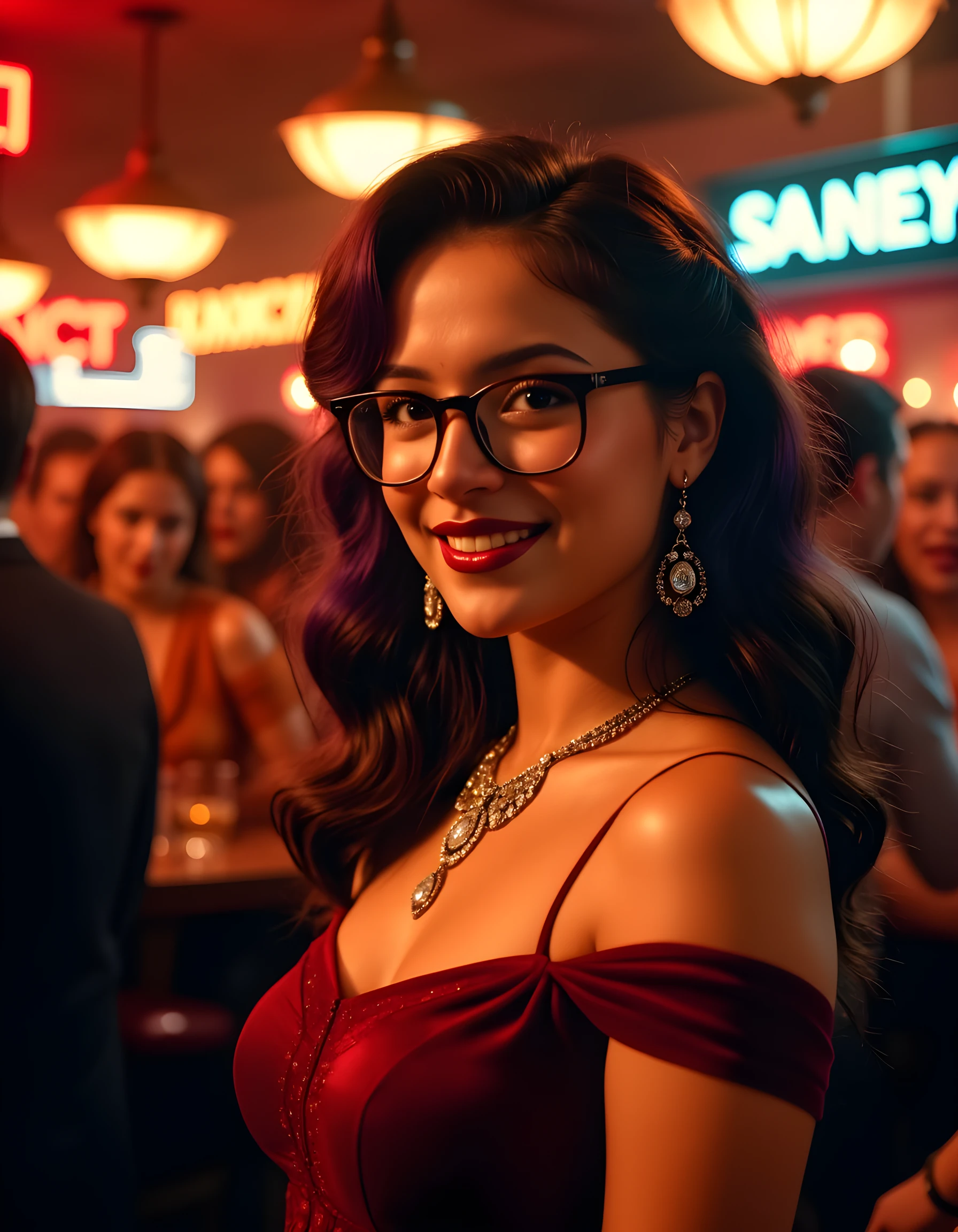 In a gritty, noir-inspired scene, the camera captures Allyd from a low angle, her dark, wavy hair cascading down over one shoulder as it catches the dim, smoky light of a 1940s speakeasy. She stands in the foreground, her bright eyes behind round, vintage glasses reflecting the warm glow of the neon lights above. Her smile radiates confidence, showcasing perfectly white teeth adorned with dazzling diamond earrings and a long, intricate necklace that sparkles against the rich velvet of her red dress. The background is filled with the hustle and bustle of the crowded room, the clinking glasses and lively chatter creating an atmosphere of excitement and intrigue, all encapsulating Allyd's captivating presence in this vibrant, mysterious setting.