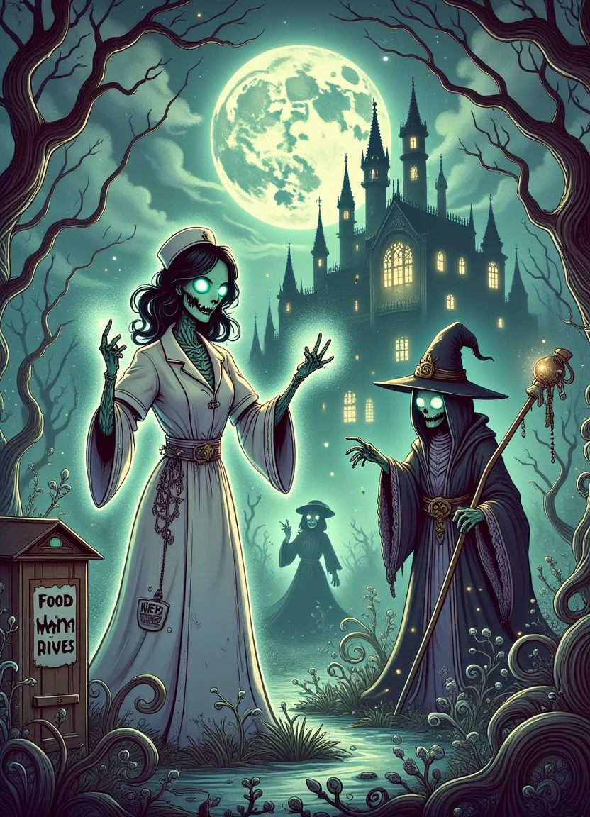 A mystical and eerie forest with a glowing full moon shining down through the treetops, surrounded by twisted gnarled trees with branches that seem to reach out like skeletal fingers. A dark and mysterious castle sits atop a hill in the distance, shrouded in an aura of misty fog. In the foreground, a zombie nurse stands at the edge of a murky swamp, her eyes glowing with an otherworldly green light as she casts a spell with a crooked bony finger. Next to her, a figure in a witch's hat and black cloak is seen tossing a coin into a nearby donation box labeled "food drives" while gesturing with a long wooden staff adorned with tiny bells that jingle softly in the wind.