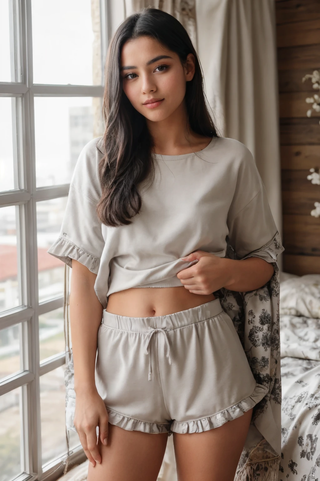 cowboy shot of a young gorgeous Mexican woman with long black-hair, wearing grey ruffle pajama shorts, oversized white-shirt, bedroom, ideal cute face, ideal body, (casual:1.2), detailed skin, natural lighting, film grain, retro, (bokeh:1.3), Porta 160 color, shot on ARRI ALEXA 65, sharp focus on subject, Fujifilm XT-3, <lora:picxer_real:0.8>, <lora:detail_slider_v4:1>  <lora:btrufpaj:0.7>