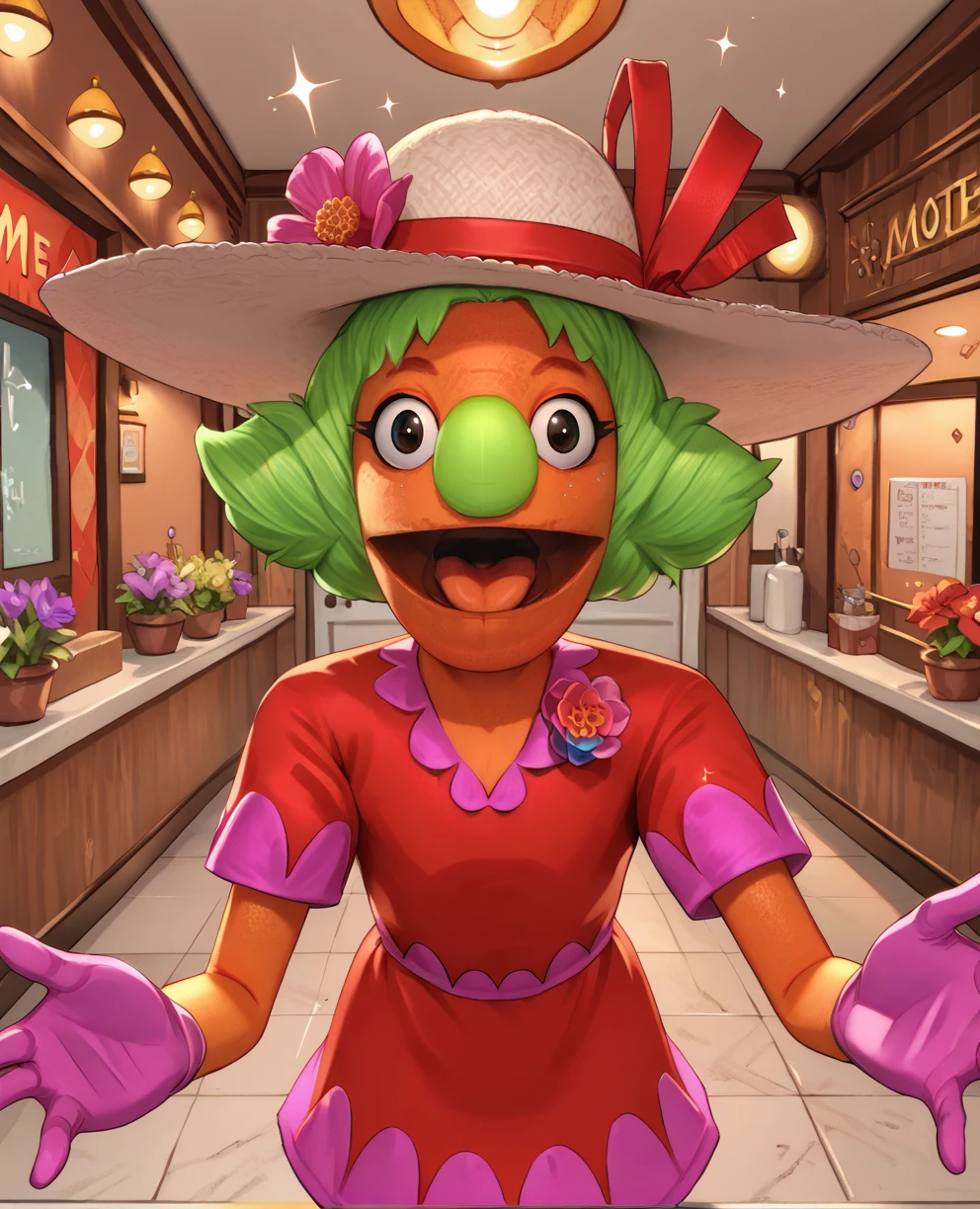 score_9,score_8_up,score_7_up,
liliannaxl,muppet body,black pupils,green hair,orange skin,
red dress,flower brooch,hat,gloves,open mouth,tongue,sparkle,
motel,looking at viewer,reaching towards viewer,
solo,
<lora:LILIANNAXLalt:0.8>,