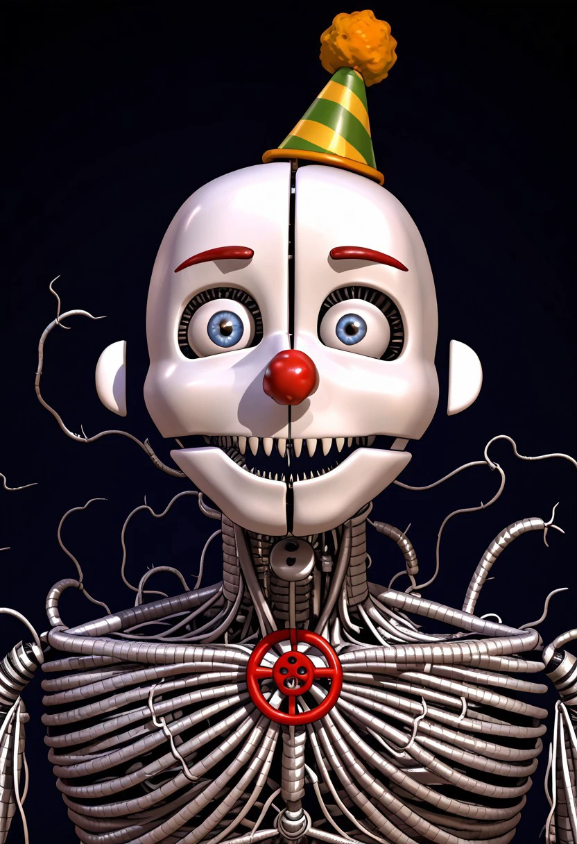 Ennard,Endo-skeleton, Red nose, clown mask, party hat, red button, mangle wires, lazy eye, loose wires, eyes in wires, eye hanging under ear, male, blue eyes, sharp teeth, Animatronic, face plates, portrait