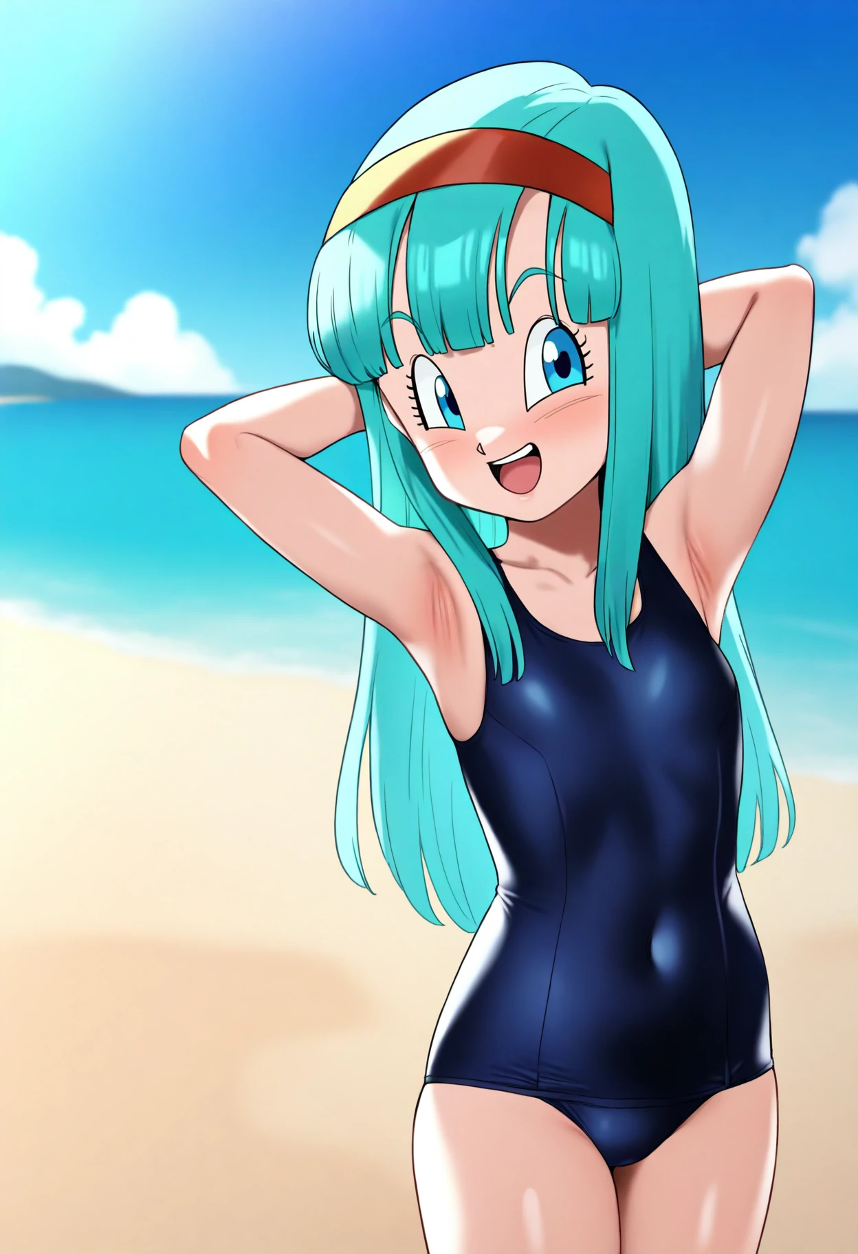 best quality, amazing quality, very aesthetic, absurdres,
1girl, bulla, aqua hair, long hair, blue eyes, hairband,
school swimsuit, hands behind head, one-piece swimsuit,
open mouth, smile, happy, solo, looking at viewer, sea, sand, blue sky, tropical island background,    <lora:BullaIllustriousXL_byKonan:1>