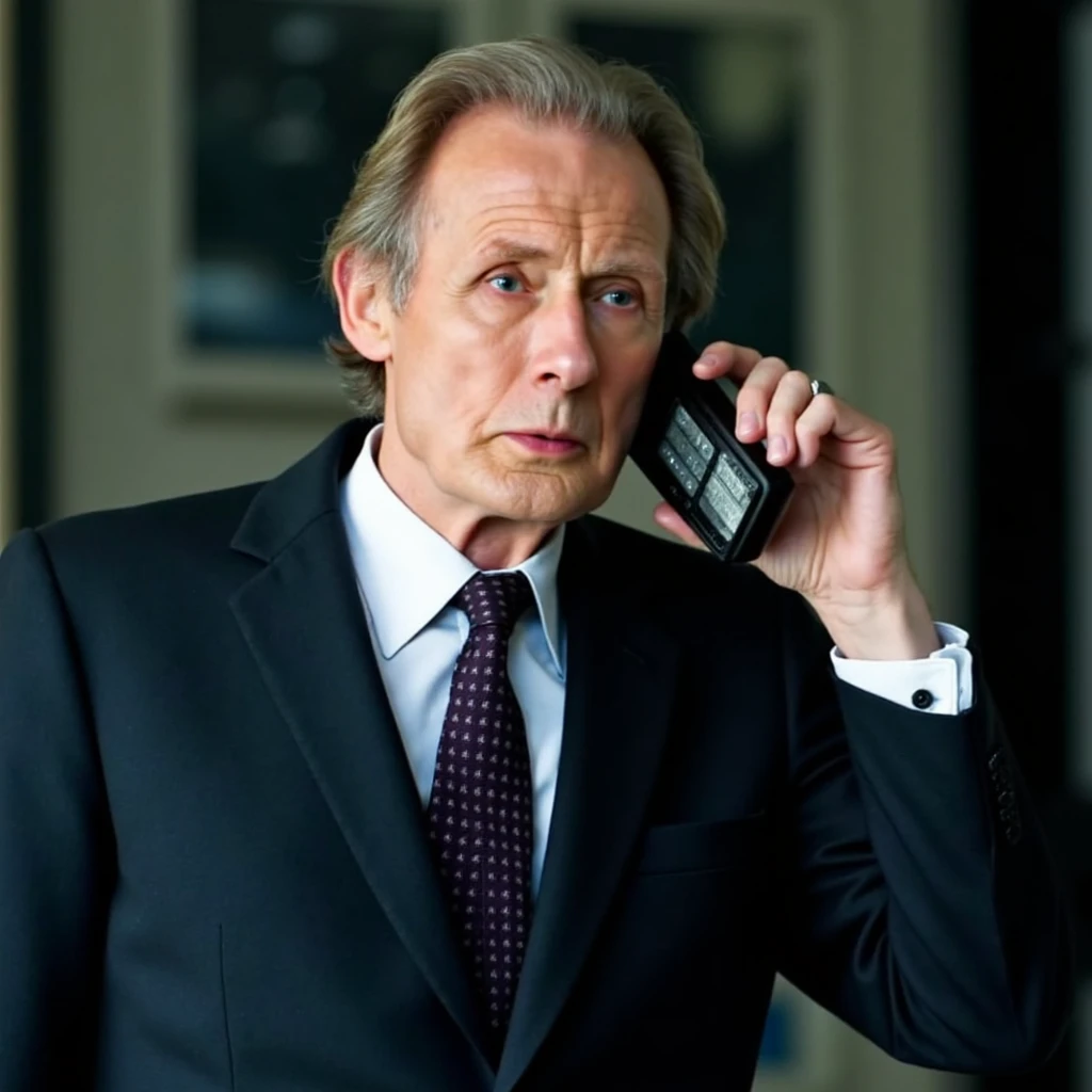 imagine an image of Bill Nighy wearing a business suit holding a cellphone to his ear