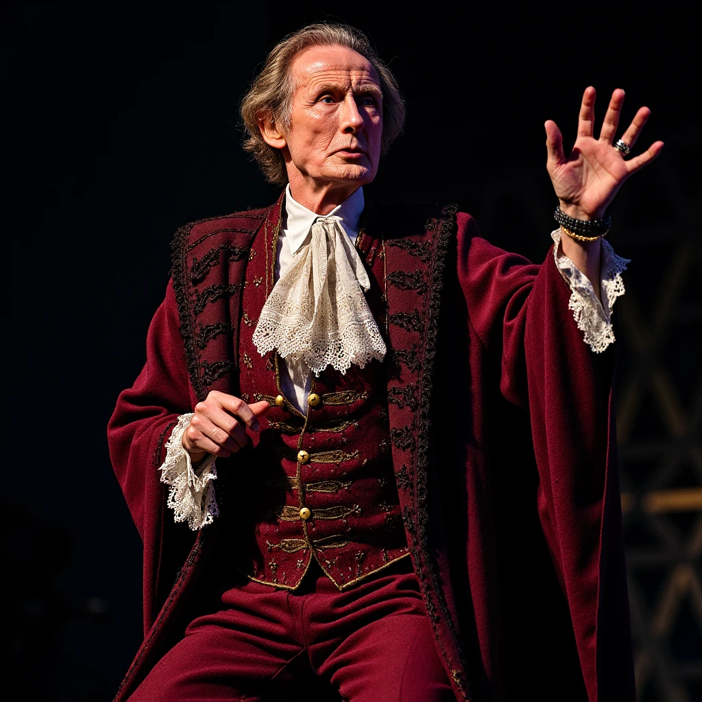 imagine an image of Bill Nighy wearing an elizabethan costume performing shakespeare on stage