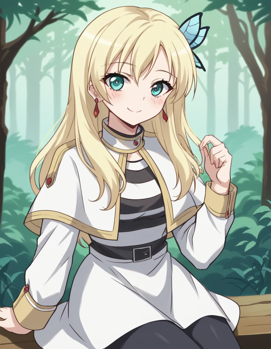 score_9, score_8_up, score_7_up, source_anime, <lora:sena-kashiwazaki-s2-ponyxl-lora-nochekaiser:1>, sena kashiwazaki, long hair, blonde hair, hair ornament, aqua eyes, butterfly hair ornament,, <lora:frieren-cosplay-ponyxl-lora-nochekaiser:1>, frieren cosplay, frieren (cosplay), shirt, long sleeves, jewelry, pantyhose, earrings, striped, black pantyhose, capelet, striped shirt, skirt, white skirt,, forest, sitting, smile, blush, cowboy shot, looking at viewer