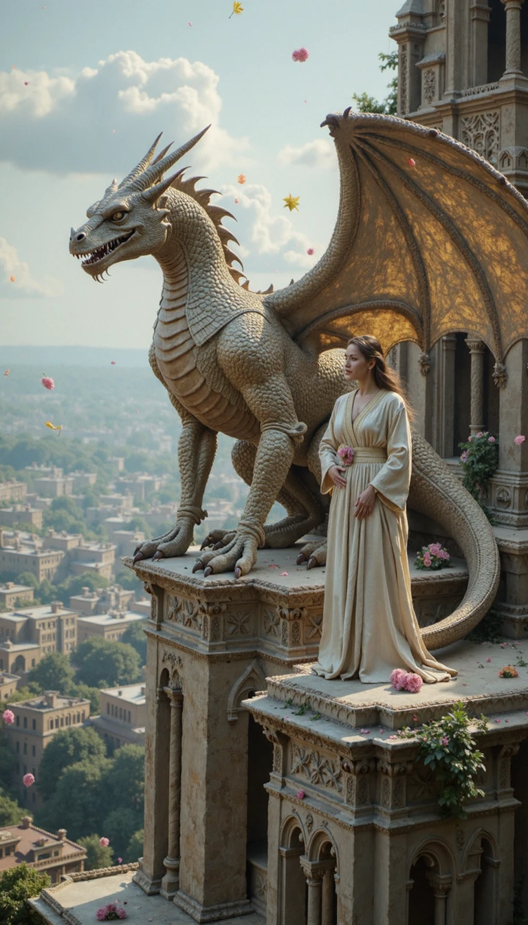 detailed city, A argent dragon, wings partially unfurled, perches atop a weathered stone edifice, its scales catching the diffused sunlight filtering through falling confetti.  Beside it, a woman in flowing ivory robes stands in a posture of benevolent authority. The scene is captured in a medium shot, emphasizing the juxtaposition of majestic creature and serene human against the backdrop of a grand, gothic cathedral. The palette skews towards muted earth tones, accentuating the play of light and shadow on weathered stone and shimmering scales.  Increase the density of the confetti to further obscure the background and enhance the sense of joyous celebration.