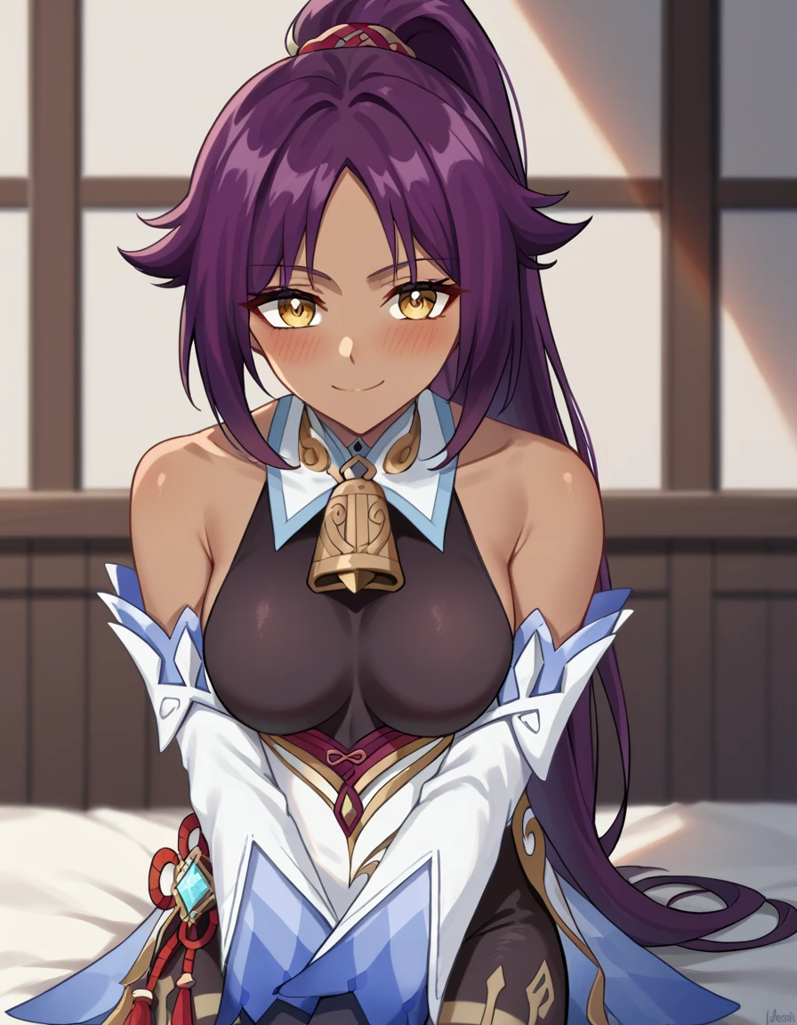 score_9, score_8_up, score_7_up, source_anime, <lora:yoruichi-shihouin-ponyxl-lora-nochekaiser:1> yoruichi shihouin, long hair, yellow eyes, ponytail, purple hair, dark skin, dark-skinned female, medium breasts, <lora:genshin-ganyu-cosplay-ponyxl-lora-nochekaiser:1>, genshin ganyu cosplay, ganyu (genshin impact) (cosplay), gloves, bare shoulders, detached sleeves, black gloves, bell, bodysuit, neck bell, black bodysuit, vision (genshin impact), bodystocking, cowbell, chinese knot,, indoors, sitting, smile, blush,, cowboy shot, looking at viewer