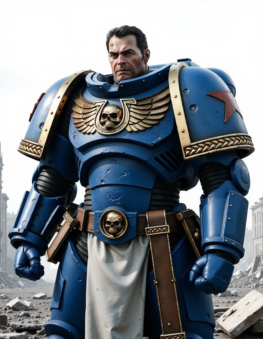 portrait of titus40k men wearing blue armor , solo, angry face, looking the viewer,  background city destroyed apocalypse fx, <lora:Demetrian_Titus_-_Warhammer_40k-000021:0.7>    <lora:BoichiStyleV2:0.8> black and white manga boimastyâââ